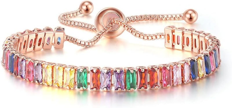 CiNily Adjustable Tennis Bracelets for Women Teen Girls Rainbow Cubic Zirconia Bracelet 14K White Gold Plated Hypoallergenic Slider Bracelet Jewelry Gift - Image 1